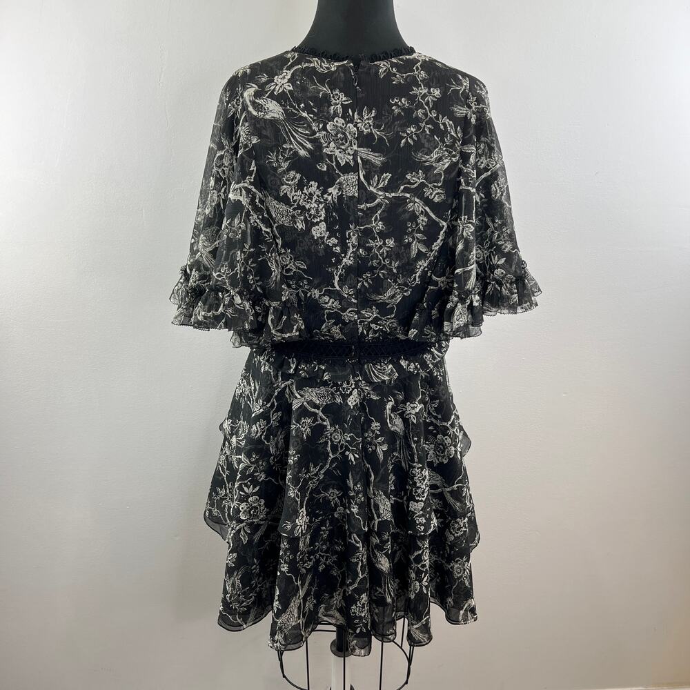 Sachin & Babi Black White Print V-Neck Short Sleeve Tiered Skirt Dress Size 10 - Picture 7 of 9